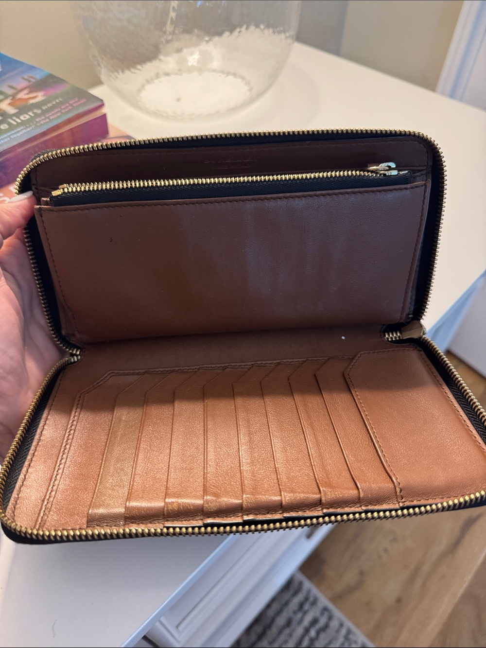 Burberry Beige Plaid Zip Wallet with Brown Trim and Red Accents - Picture 2 of 3